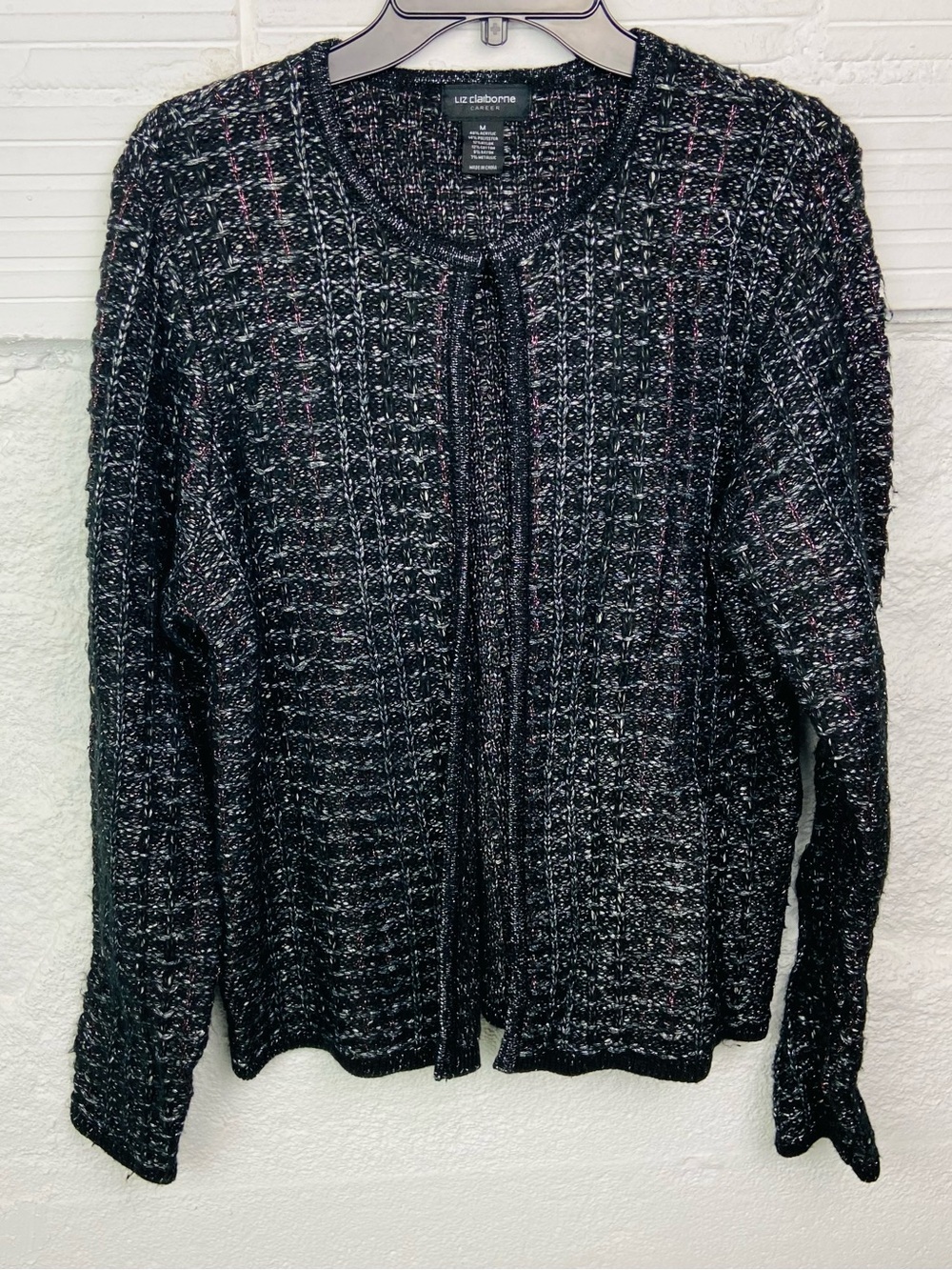 Liz Claiborne Black & silver metallic Tweed knit Cardigan size medium